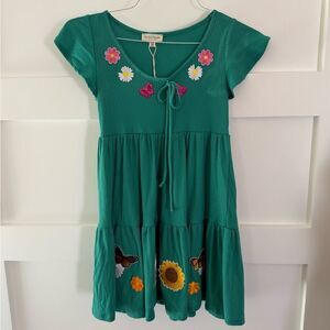 New See you Monday Green Dress with Floral Embroidery patches